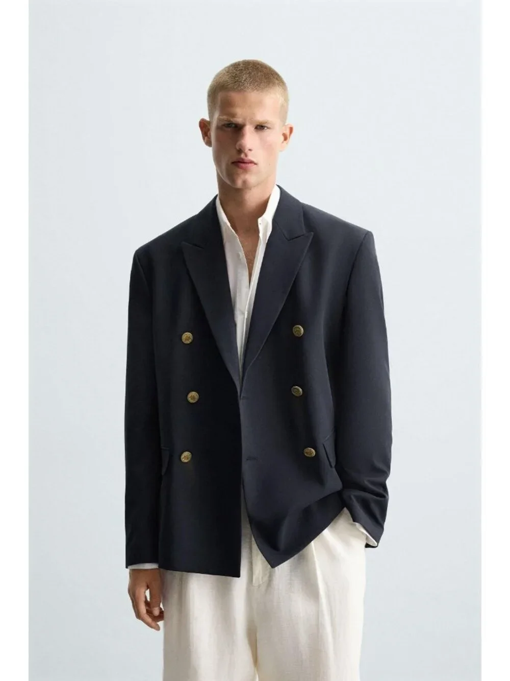Zara Men Double-Breasted Blazer EU 50 US 40 Navy Blue Gold Buttons 5893/907 NWOT